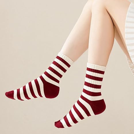 Zuimei 5 Pairs Womens Non Slip Yoga Socks UK 4-7 - Pilates Grip Socks with Bow, Striped Mid-Calf, Burgundy & White