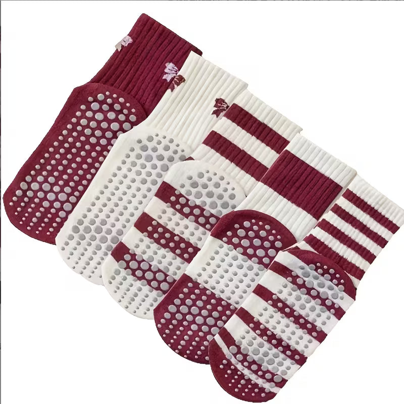 Zuimei 5 Pairs Womens Non Slip Yoga Socks UK 4-7 - Pilates Grip Socks with Bow, Striped Mid-Calf, Burgundy & White