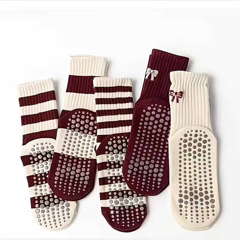 Zuimei 5 Pairs Womens Non Slip Yoga Socks UK 4-7 - Pilates Grip Socks with Bow, Striped Mid-Calf, Burgundy & White