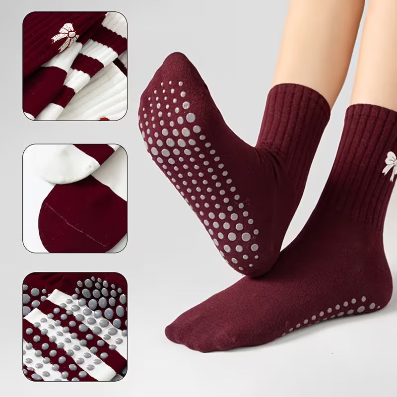 Zuimei 5 Pairs Womens Non Slip Yoga Socks UK 4-7 - Pilates Grip Socks with Bow, Striped Mid-Calf, Burgundy & White