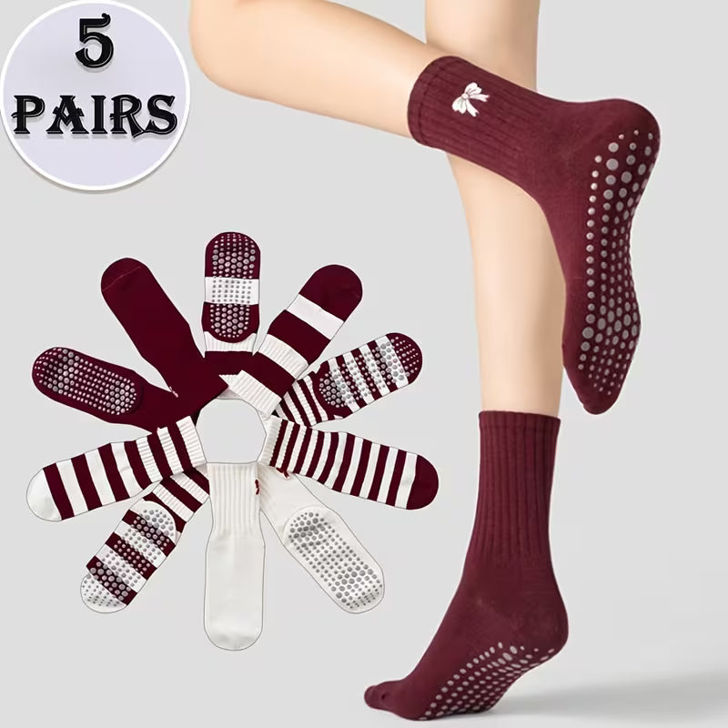 Zuimei 5 Pairs Womens Non Slip Yoga Socks UK 4-7 - Pilates Grip Socks with Bow, Striped Mid-Calf, Burgundy & White