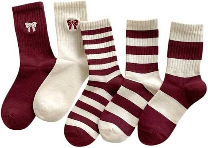 Zuimei 5 Pairs Womens Non Slip Yoga Socks UK 4-7 - Pilates Grip Socks with Bow, Striped Mid-Calf, Burgundy & White
