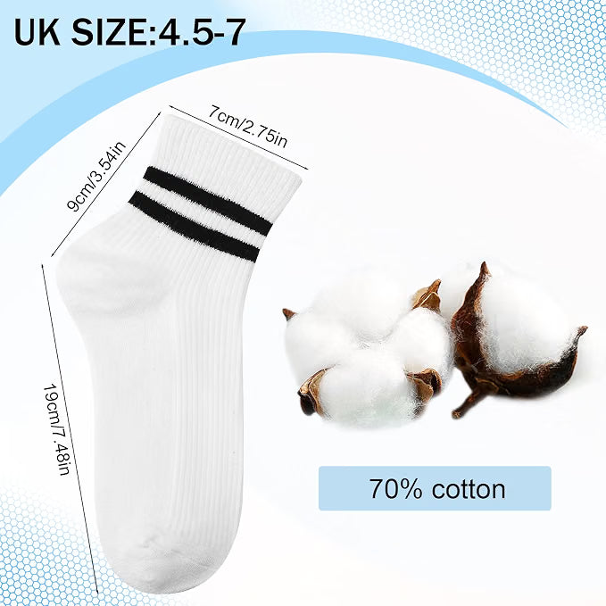 Zuimei 8 pairs women’s striped cotton ankle socks in black and white, breathable sport crew socks for UK size 4.5-7, shown laid flat.
