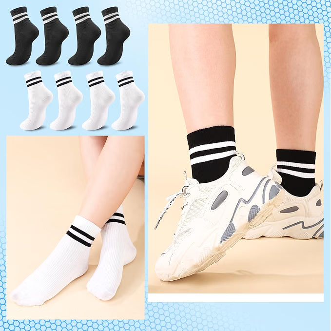 Zuimei 8 pairs women's striped cotton ankle socks in black and white, breathable sport crew socks for UK sizes 4.5-7.
