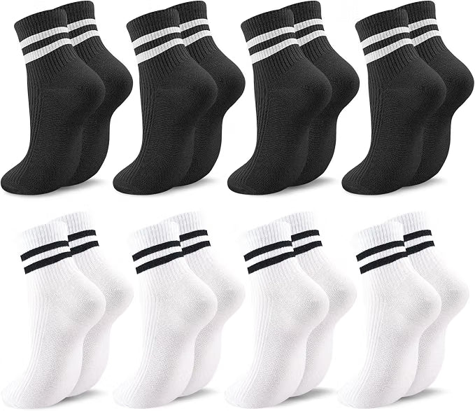 Zuimei 8 pairs women's striped cotton ankle socks in black and white, breathable sport crew socks for UK sizes 4.5-7.