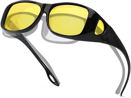 Tjutr Night Driving Glasses Fit Over Glasses - Polarized Anti Glare Yellow Lens For Night Driving In Rain, Fog, Cloudy & Low Light - Wraparound Fit Over Prescription Glasses
