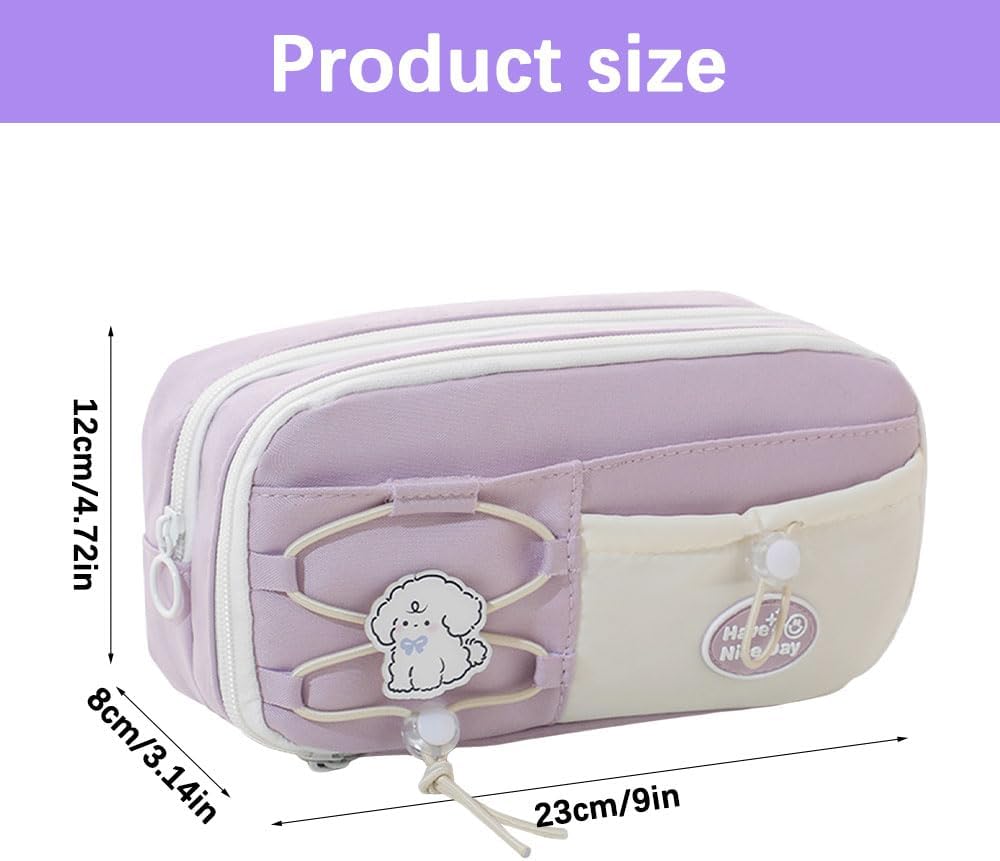 Gsrhzd Cute Aesthetic Pencil Case - Purple Puppy Design - Large Capacity 3 Compartments  8 Pockets - Holds 80 Pens