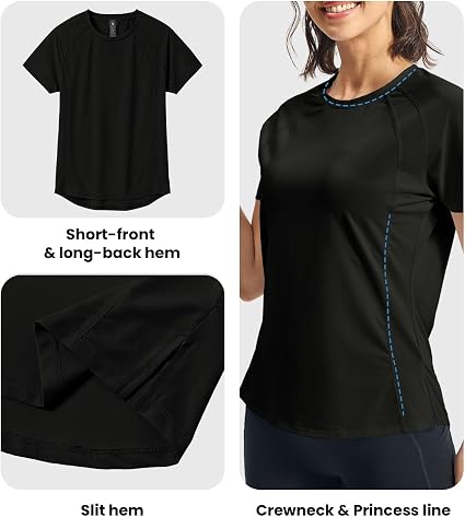 Donhobo Womens Gym Top UPF 50+ - Quick Dry Running T-Shirt, Crew Neck Short Sleeve Yoga Workout Top - Black