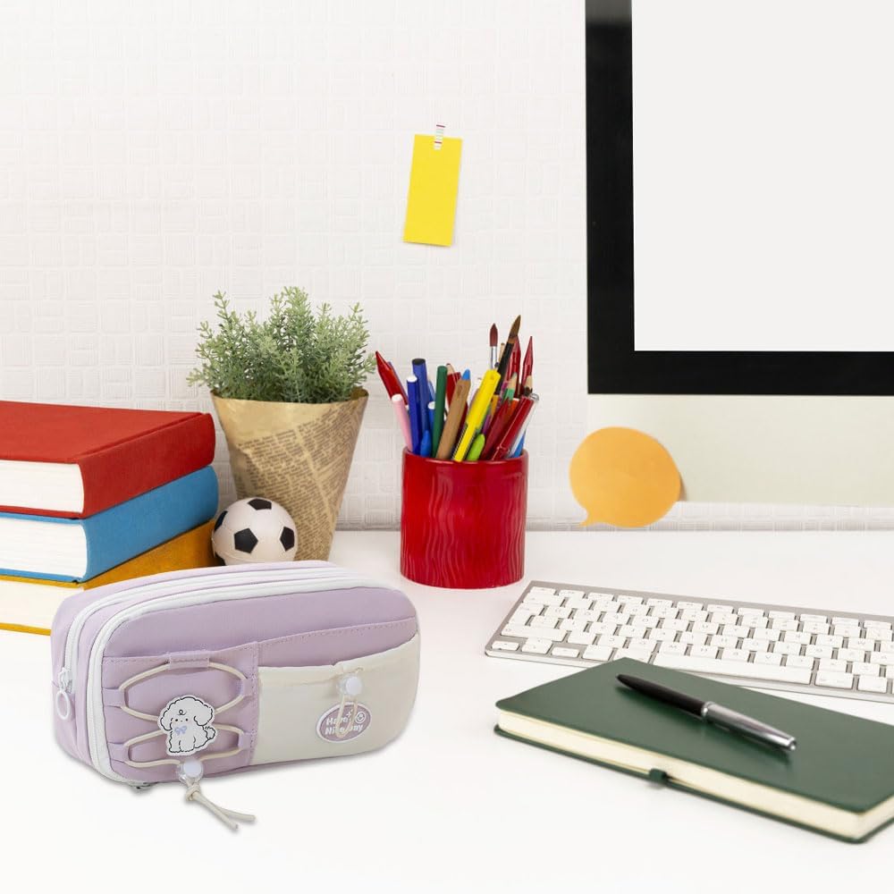 Gsrhzd Cute Aesthetic Pencil Case - Purple Puppy Design - Large Capacity 3 Compartments  8 Pockets - Holds 80 Pens