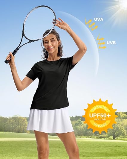 Donhobo Womens Gym Top UPF 50+ - Quick Dry Running T-Shirt, Crew Neck Short Sleeve Yoga Workout Top - Black