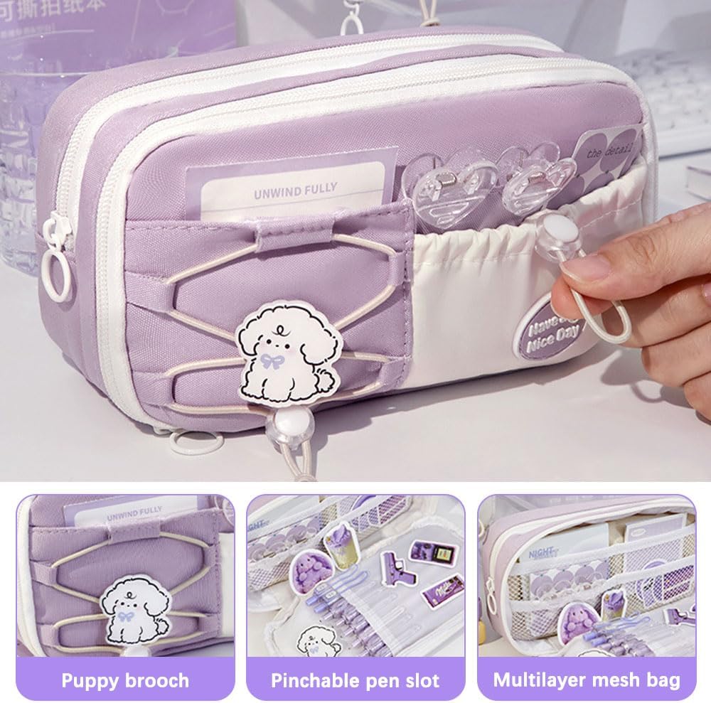 Gsrhzd Cute Aesthetic Pencil Case - Purple Puppy Design - Large Capacity 3 Compartments  8 Pockets - Holds 80 Pens