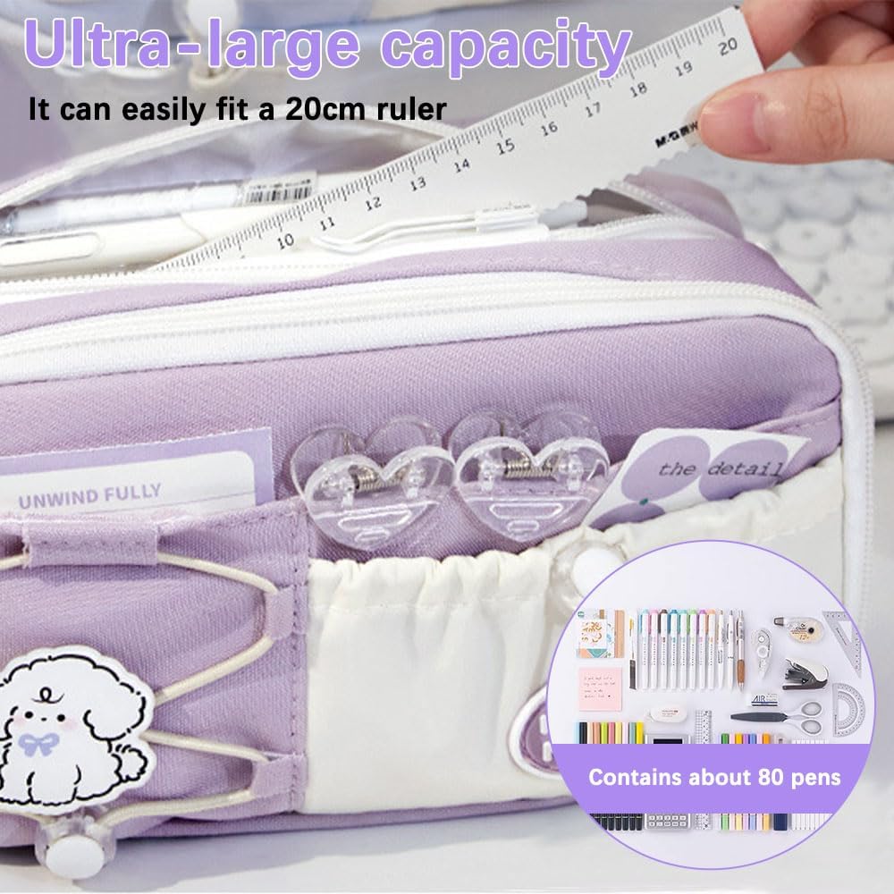 Gsrhzd Cute Aesthetic Pencil Case - Purple Puppy Design - Large Capacity 3 Compartments  8 Pockets - Holds 80 Pens