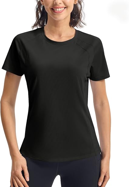 Donhobo Womens Gym Top UPF 50+ - Quick Dry Running T-Shirt, Crew Neck Short Sleeve Yoga Workout Top - Black