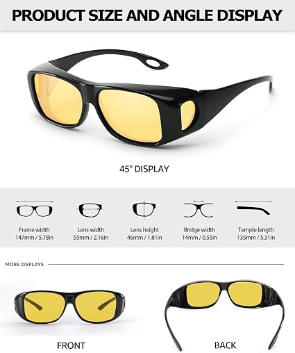Tjutr Night Driving Glasses Fit Over Glasses - Polarized Anti Glare Yellow Lens For Night Driving In Rain, Fog, Cloudy & Low Light - Wraparound Fit Over Prescription Glasses