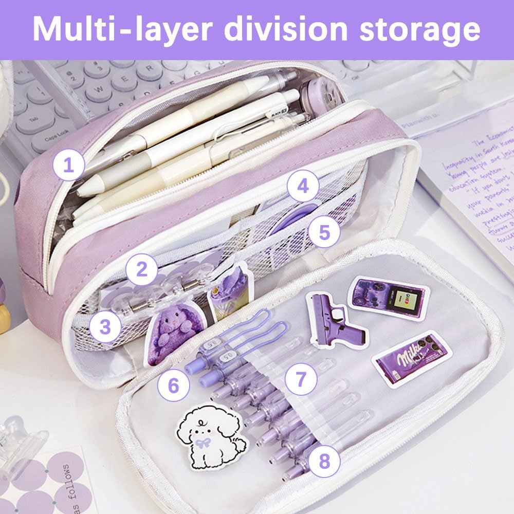 Gsrhzd Cute Aesthetic Pencil Case - Purple Puppy Design - Large Capacity 3 Compartments  8 Pockets - Holds 80 Pens
