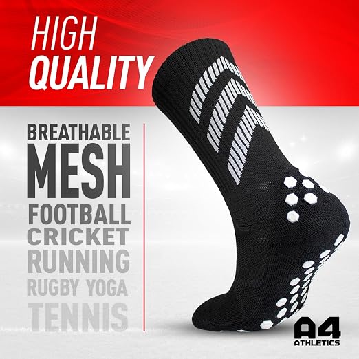 A4 ATHLETICS Grip Socks 2-Pack - Non-Slip Football Socks - Anti-Blister Cushioned Breathable Sports Socks for Football, Rugby, Cricket, Basketball, Running & Yoga