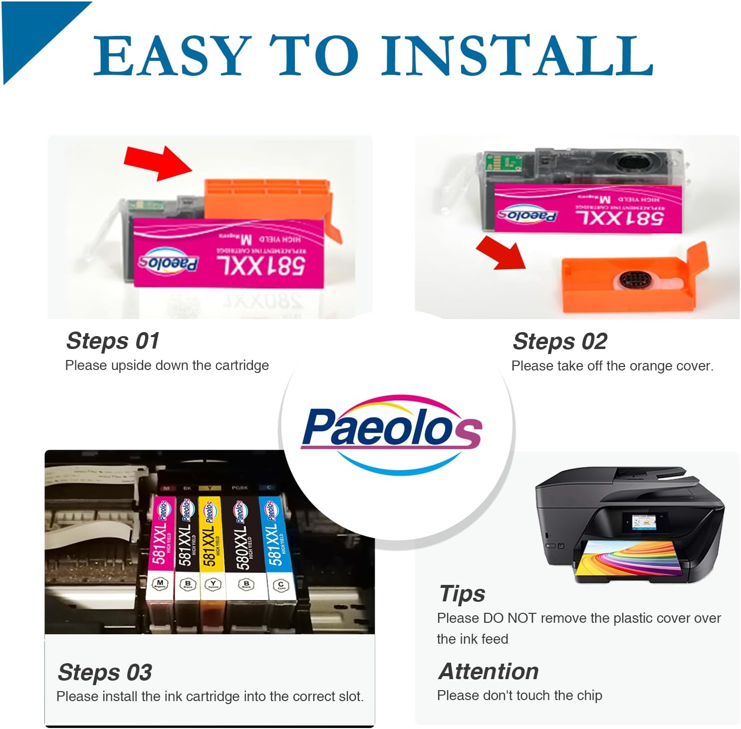 Paeolos 580XXL 581XXL Compatible Ink Cartridges 12-Pack for Canon - High Yield PGBK / BK / C / M / Y for PIXMA TS & TR Series
