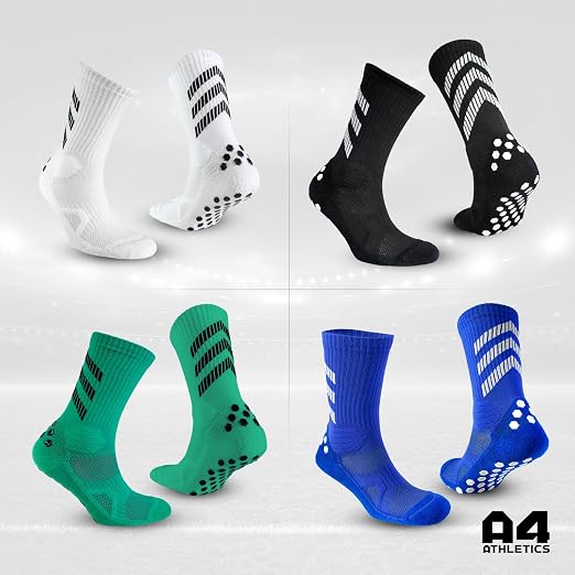 A4 ATHLETICS Grip Socks 2-Pack - Non-Slip Football Socks - Anti-Blister Cushioned Breathable Sports Socks for Football, Rugby, Cricket, Basketball, Running & Yoga