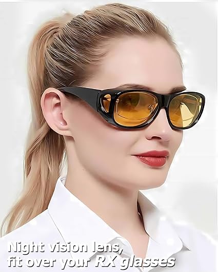Tjutr Night Driving Glasses Fit Over Glasses - Polarized Anti Glare Yellow Lens For Night Driving In Rain, Fog, Cloudy & Low Light - Wraparound Fit Over Prescription Glasses