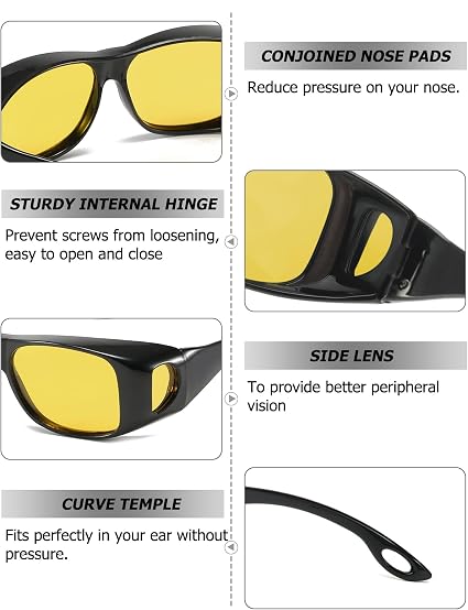 Tjutr Night Driving Glasses Fit Over Glasses - Polarized Anti Glare Yellow Lens For Night Driving In Rain, Fog, Cloudy & Low Light - Wraparound Fit Over Prescription Glasses
