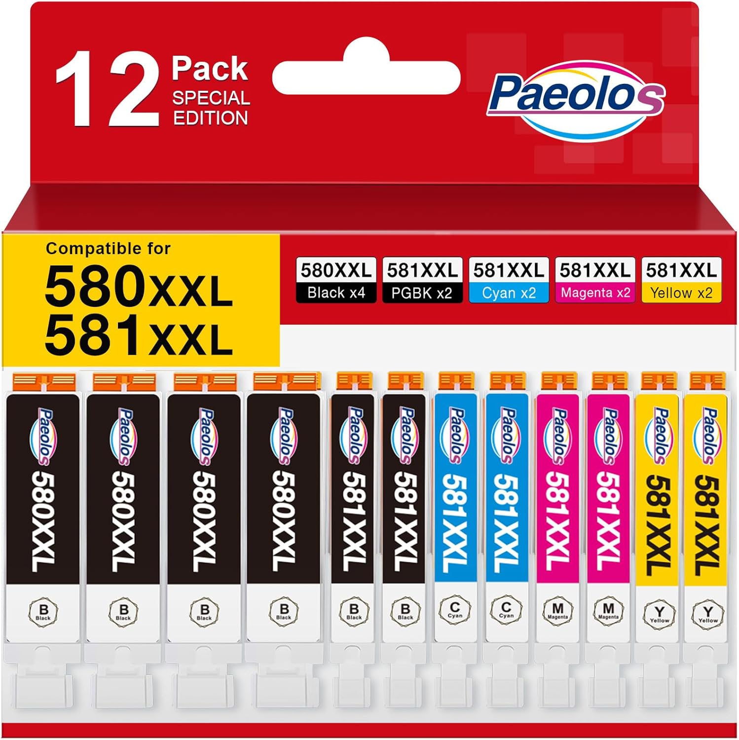 Paeolos 580XXL 581XXL Compatible Ink Cartridges 12-Pack for Canon - High Yield PGBK / BK / C / M / Y for PIXMA TS & TR Series