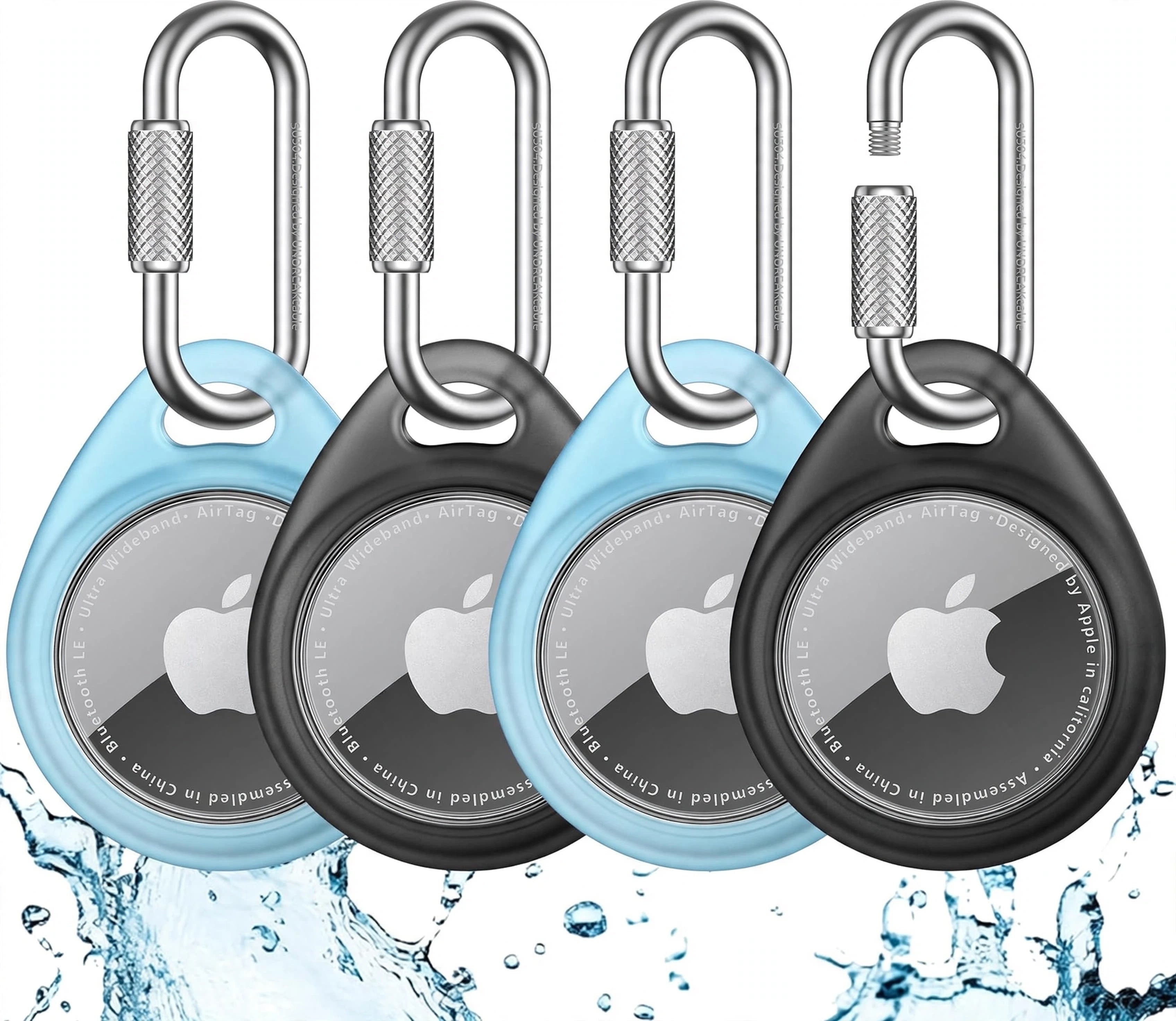 UnbreakCable Holder For Apple AirTag 4-pack - Waterproof TPU Protective Case With 304 Stainless Steel Twist Lock Carabiner - Anti-scratch, Anti-lost