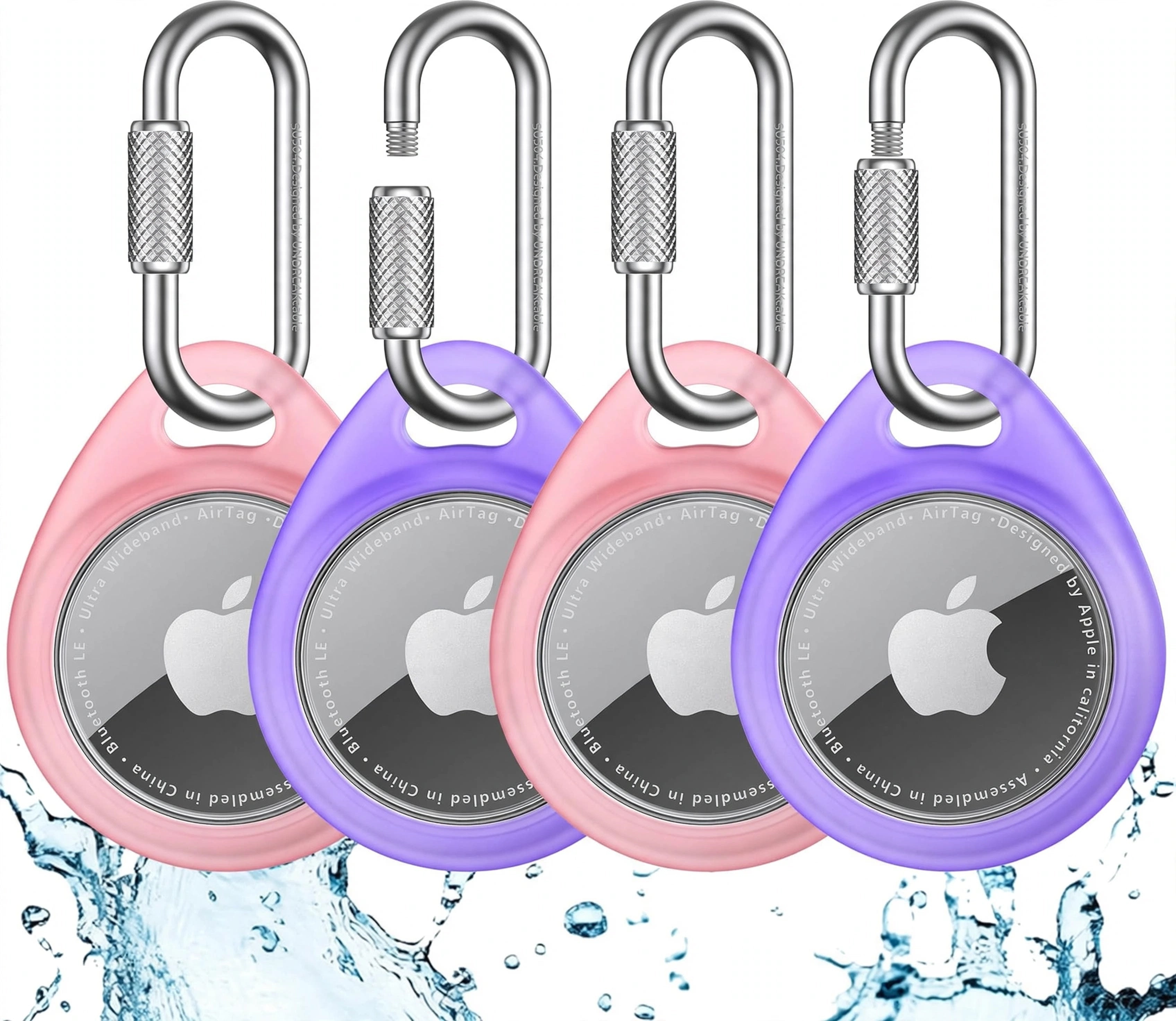 UnbreakCable Holder For Apple AirTag 4-pack - Waterproof TPU Protective Case With 304 Stainless Steel Twist Lock Carabiner - Anti-scratch, Anti-lost