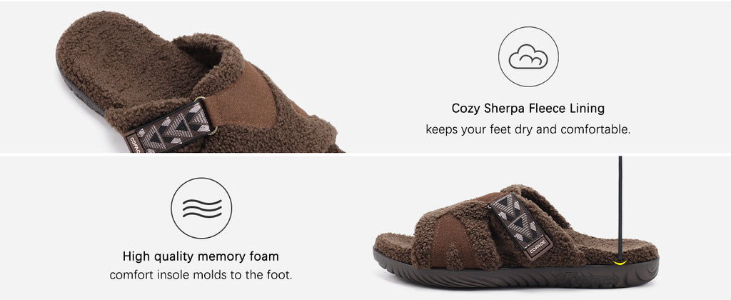 COFACE Men's Orthopedic Slippers with Memory Foam - Fuzzy Sherpa Lining, Plantar Fasciitis Relief, Machine Washable | Brown Size 10