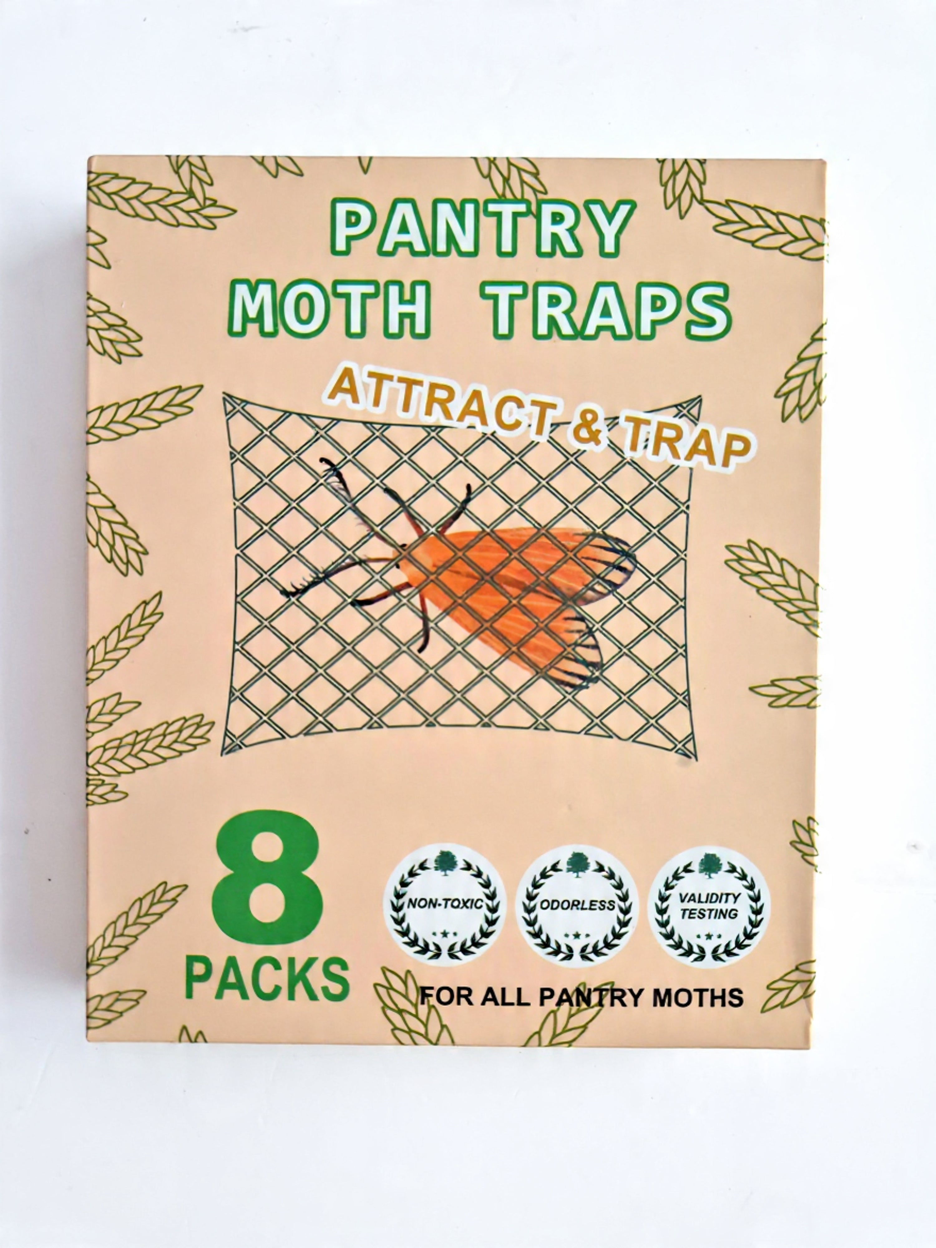 Plai 8-pack pantry moth traps with pheromone attractants, non-toxic, used to monitor and catch food moths in kitchen pantries.