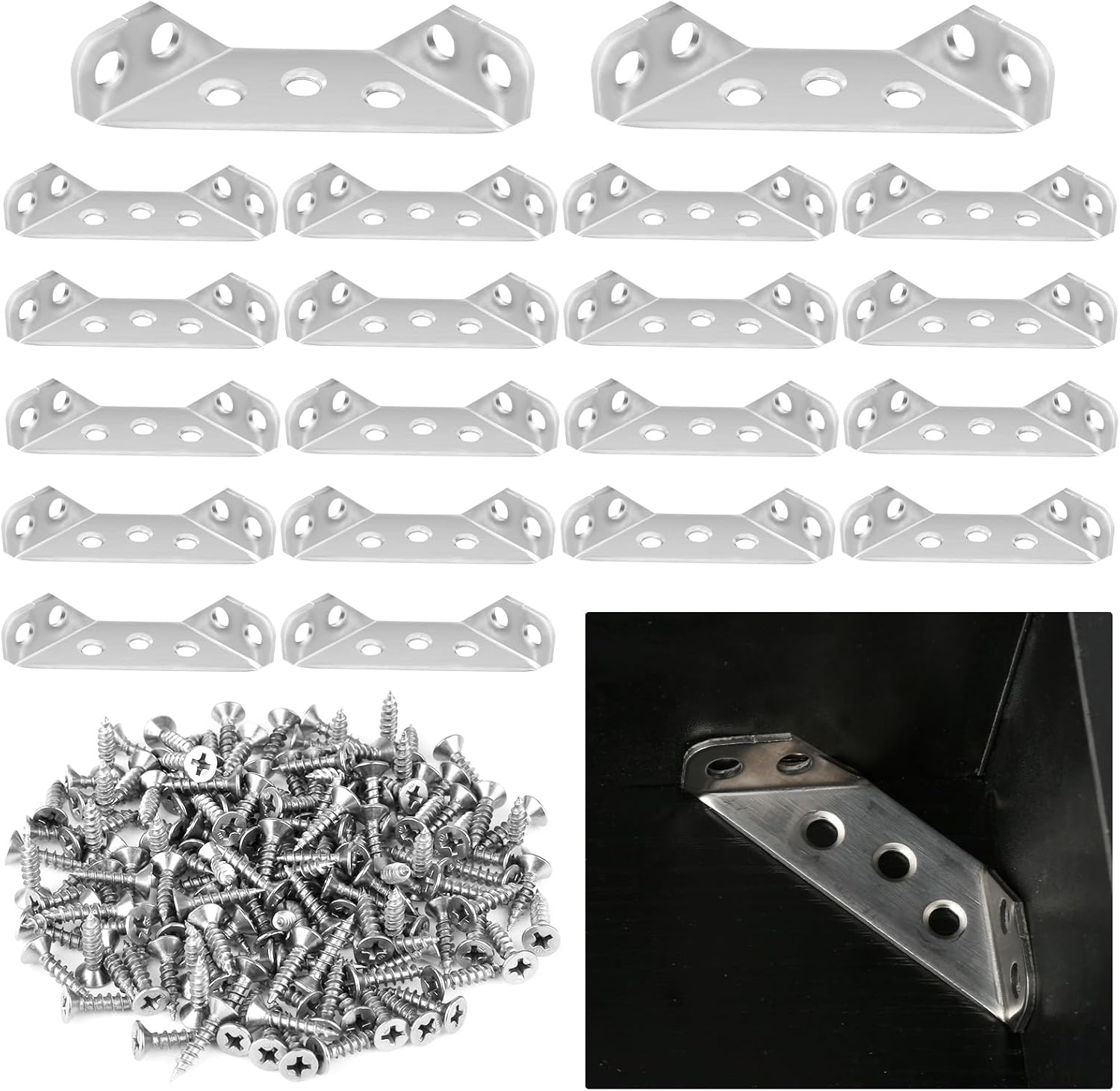LAHNAO 20-Piece Stainless Steel Furniture Corner Connectors - Heavy-Duty Triangle Brackets with Screws