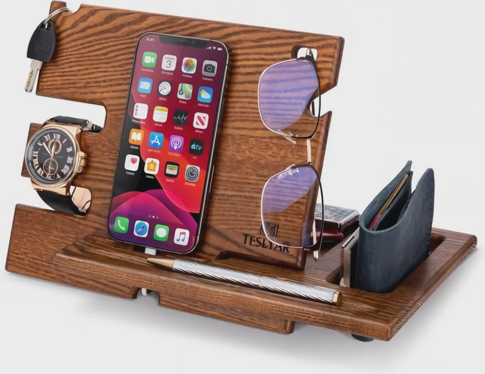 Teslyar Solid Ash Wood Phone Docking Station | Desk & Nightstand Organizer with Cable Management | Gift for Men, Dad, Husband