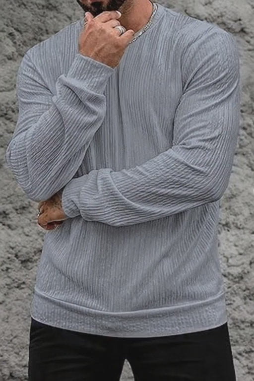 VOGSTART - Man Round Neck Long Sleeve T-Shirt Lightweight Knit Pullover Stretchy Solid Color T-Shirt