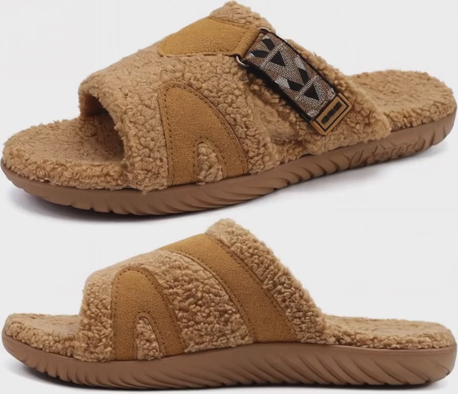 COFACE Men's Orthopedic Slippers with Memory Foam - Fuzzy Sherpa Lining, Plantar Fasciitis Relief, Machine Washable | Brown Size 10