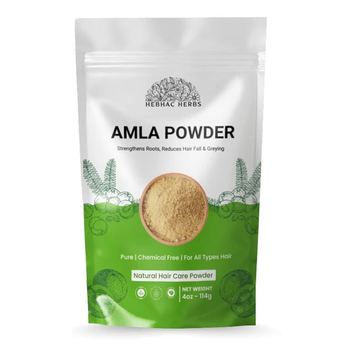 Hebhac Herbs Ayurvedic hair care powders with Amla, Reetha, and Shikakai in a 114g container, natural hair cleanser and conditioner.