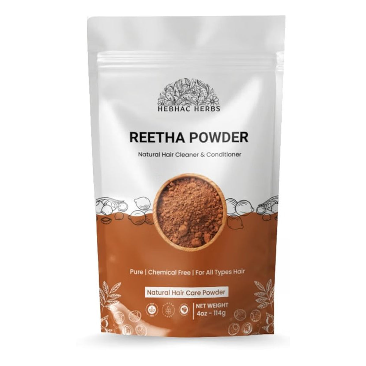 Hebhac Herbs Ayurvedic hair care powders with amla, reetha, and shikakai in 114g package, natural chemical-free hair cleanser and conditioner