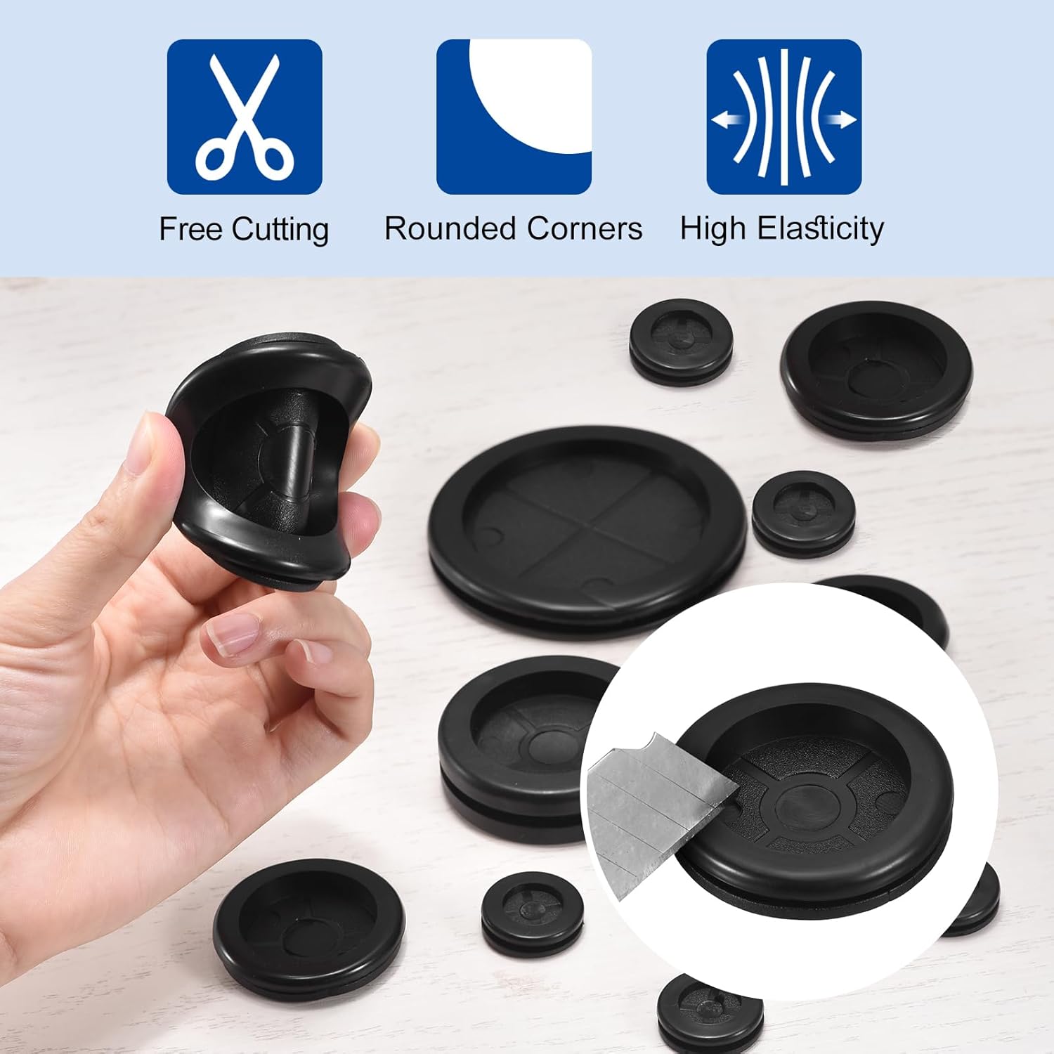 Two black heavy-duty rubber grommets with 2-1/4 inch ID for firewall cable protection and wire sealing.