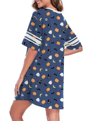 YVH Women's Halloween Nightdress - V Neck Short Sleeve Sleep Dress - Cute Pumpkin Ghost Bat Print Loungewear Nightshirt