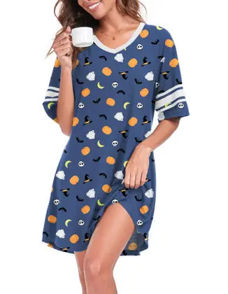 YVH Women's Halloween Nightdress - V Neck Short Sleeve Sleep Dress - Cute Pumpkin Ghost Bat Print Loungewear Nightshirt