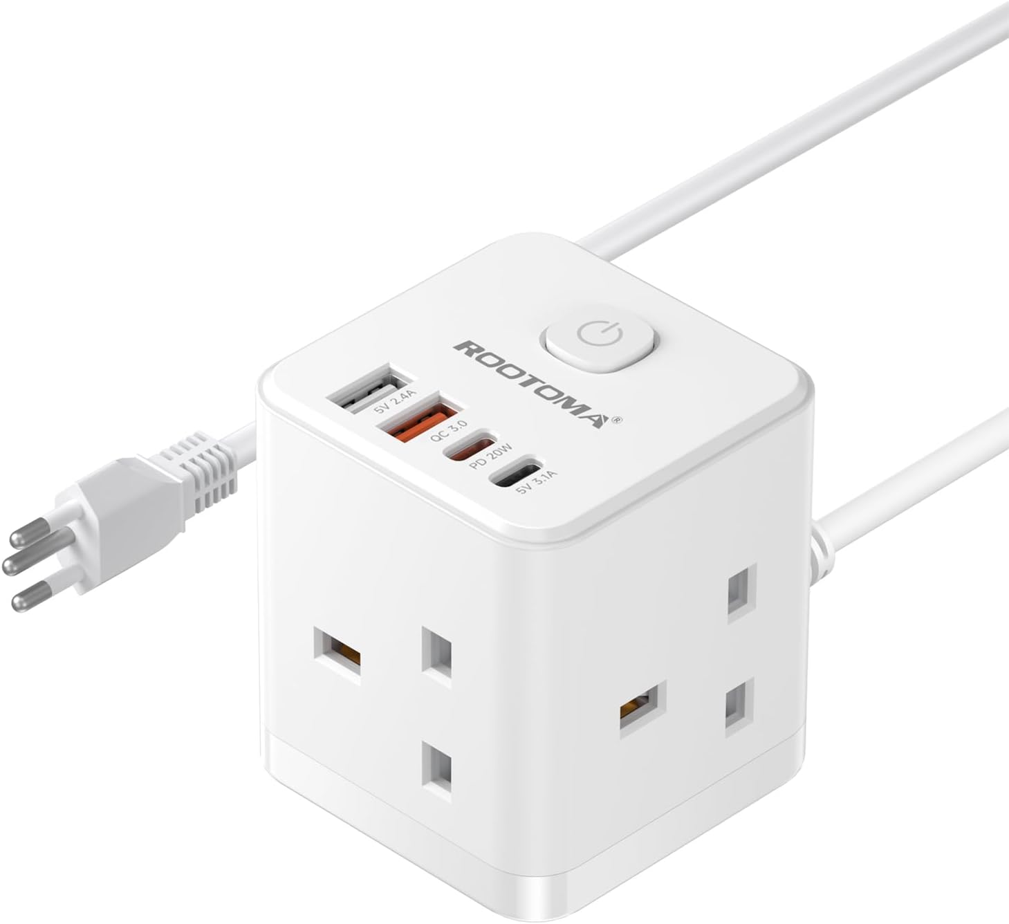 ROOTOMA UK to Swiss Travel Plug Adapter - 7 in 1 Cube with 1.5M Cable, 3 UK Sockets + 2 USB-C PD 20W + 2 USB-A QC 3.0, Type J Adapter for Switzerland, Jordan, Liechtenstein, Rwanda