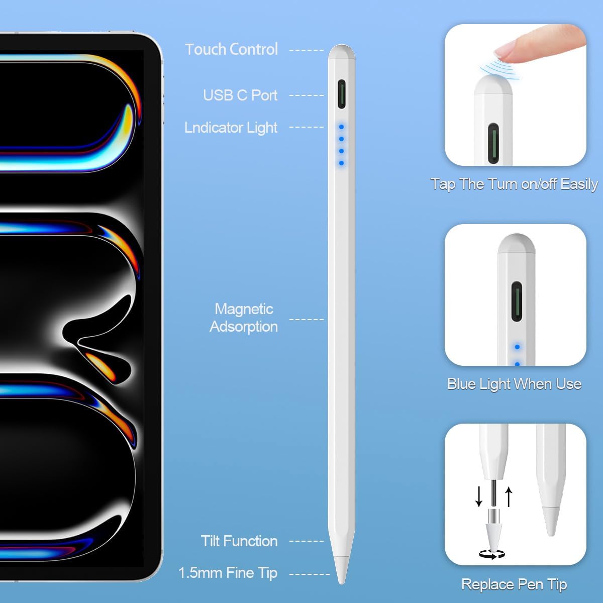 AICase stylus pen for iPad with 1.5mm fine tip, tilt function, magnetic design, USB-C recharge, and four extra tips on a white background.