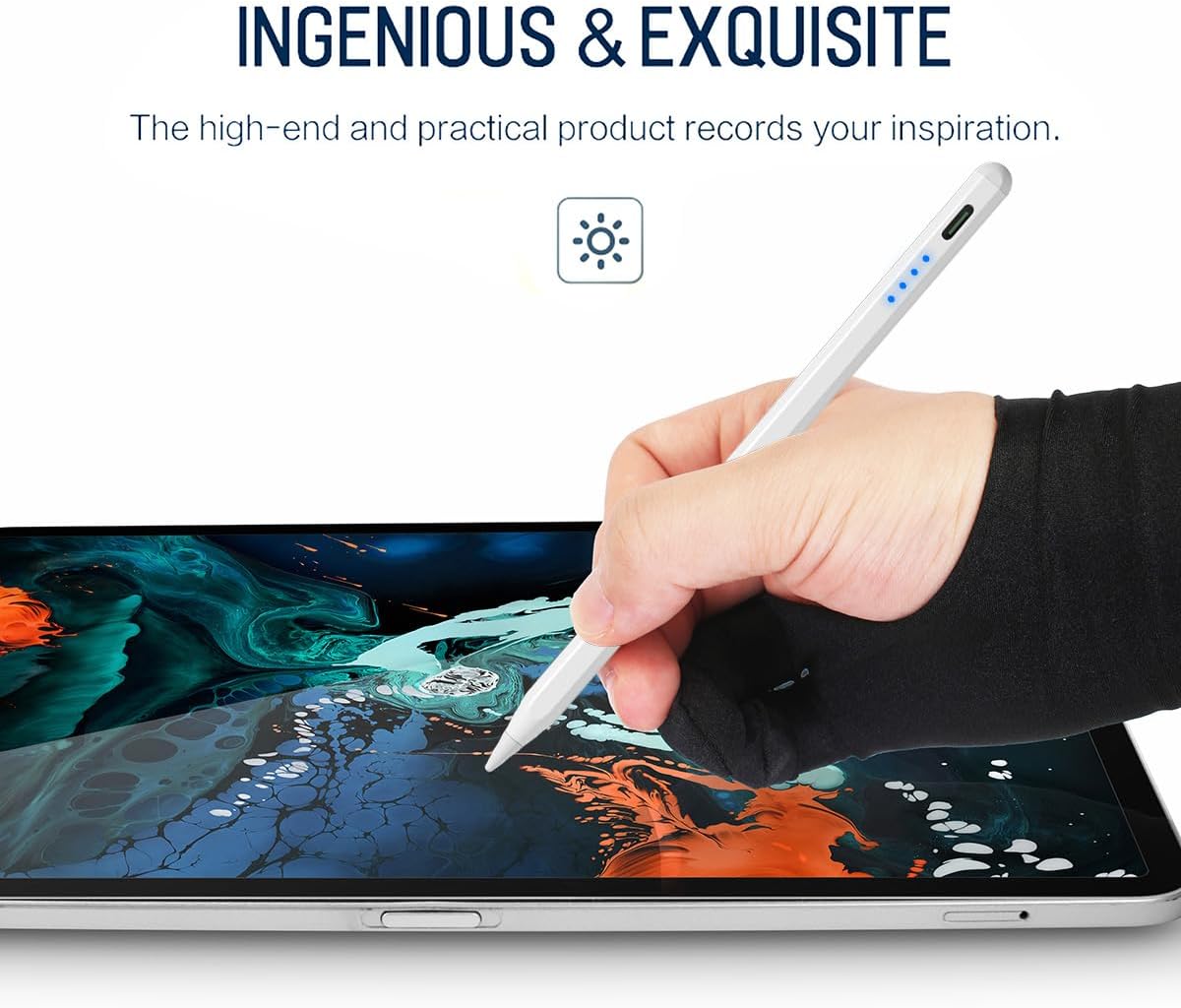 AICase stylus pen for iPad with 1.5mm fine tip, tilt function, USB-C recharge, magnetic design, and four extra tips.