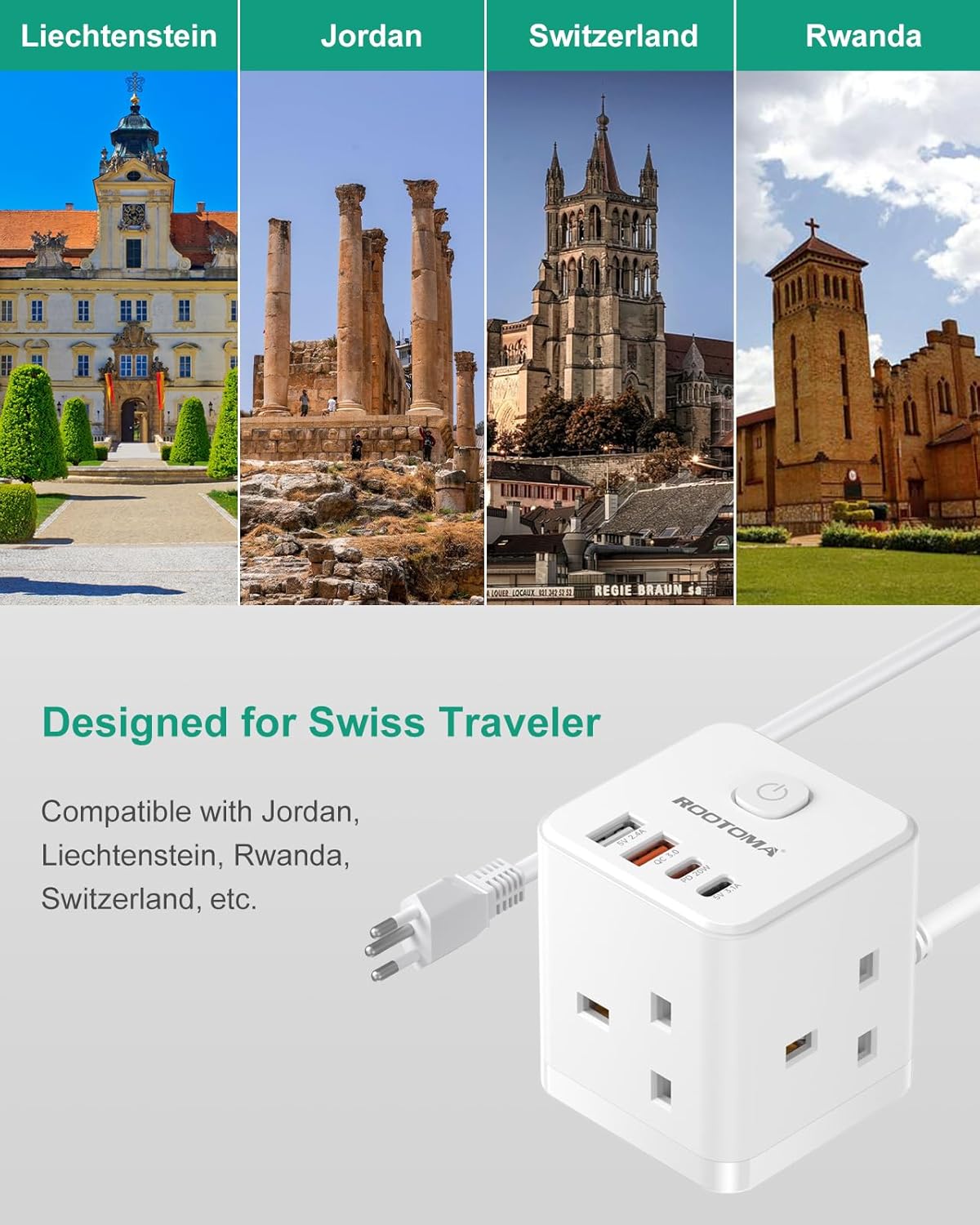 ROOTOMA UK to Swiss Travel Plug Adapter - 7 in 1 Cube with 1.5M Cable, 3 UK Sockets + 2 USB-C PD 20W + 2 USB-A QC 3.0, Type J Adapter for Switzerland, Jordan, Liechtenstein, Rwanda