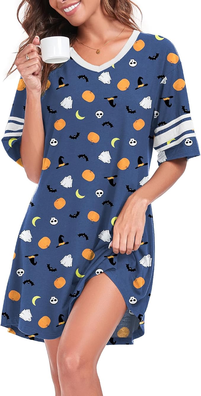 YVH Women's Halloween Nightdress - V Neck Short Sleeve Sleep Dress - Cute Pumpkin Ghost Bat Print Loungewear Nightshirt