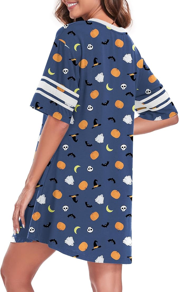 YVH Women's Halloween Nightdress - V Neck Short Sleeve Sleep Dress - Cute Pumpkin Ghost Bat Print Loungewear Nightshirt