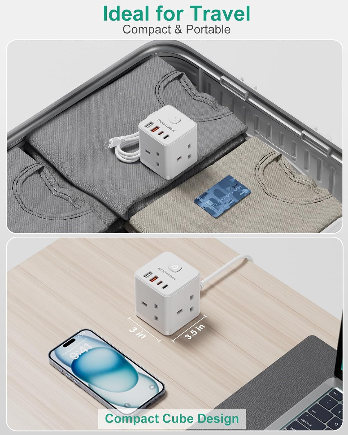 ROOTOMA UK to Swiss Travel Plug Adapter - 7 in 1 Cube with 1.5M Cable, 3 UK Sockets + 2 USB-C PD 20W + 2 USB-A QC 3.0, Type J Adapter for Switzerland, Jordan, Liechtenstein, Rwanda