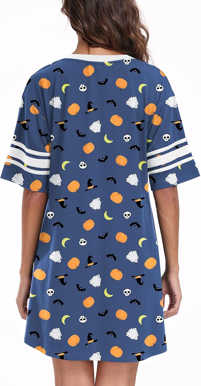 YVH Women's Halloween Nightdress - V Neck Short Sleeve Sleep Dress - Cute Pumpkin Ghost Bat Print Loungewear Nightshirt
