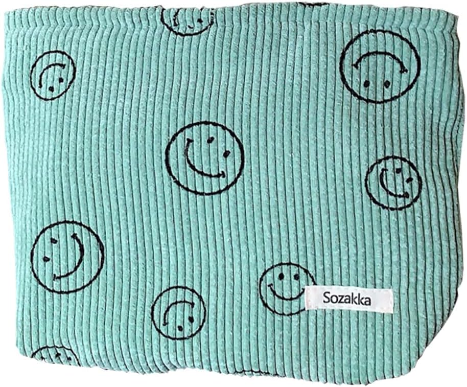 Cessfle Smiley Face Corduroy Makeup Bag Green – Aesthetic Preppy Cosmetic Pouch for Women, Cute Travel Toiletry Bag,