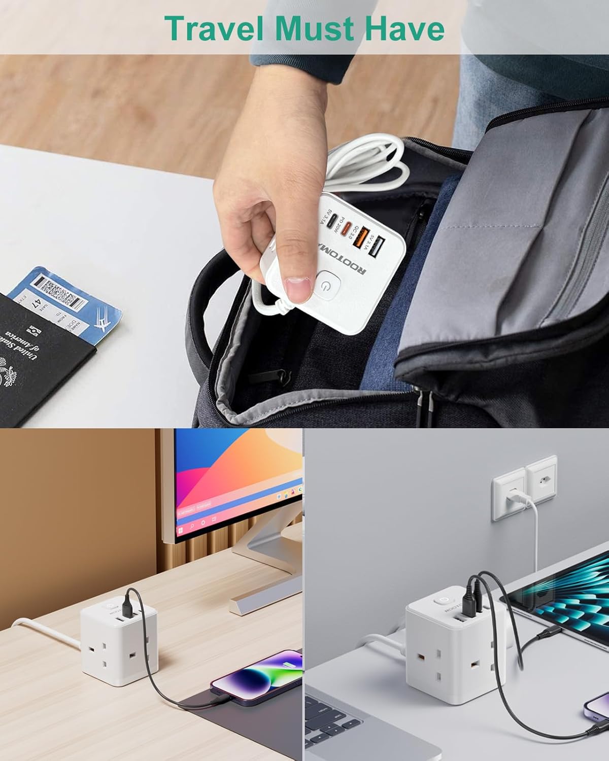 ROOTOMA UK to Swiss Travel Plug Adapter - 7 in 1 Cube with 1.5M Cable, 3 UK Sockets + 2 USB-C PD 20W + 2 USB-A QC 3.0, Type J Adapter for Switzerland, Jordan, Liechtenstein, Rwanda