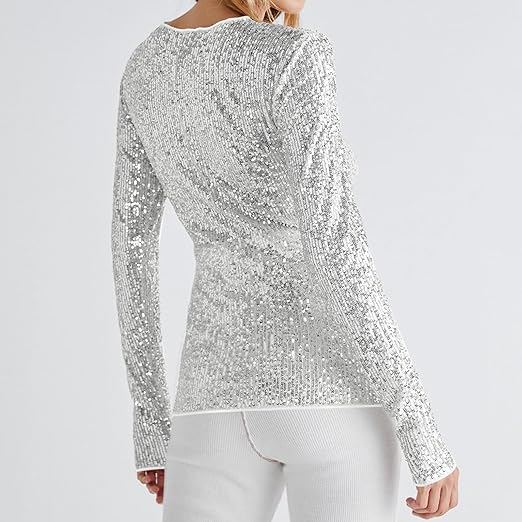 Springcmy Women's Y2K Sequin Top Size: XL - Silver Glitter Long Sleeve Slim Fit Sparkle Blouse