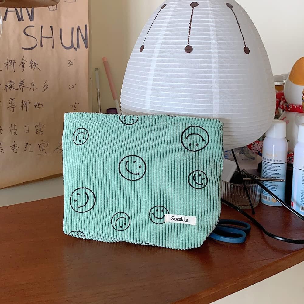 Cessfle Smiley Face Corduroy Makeup Bag Green – Aesthetic Preppy Cosmetic Pouch for Women, Cute Travel Toiletry Bag,